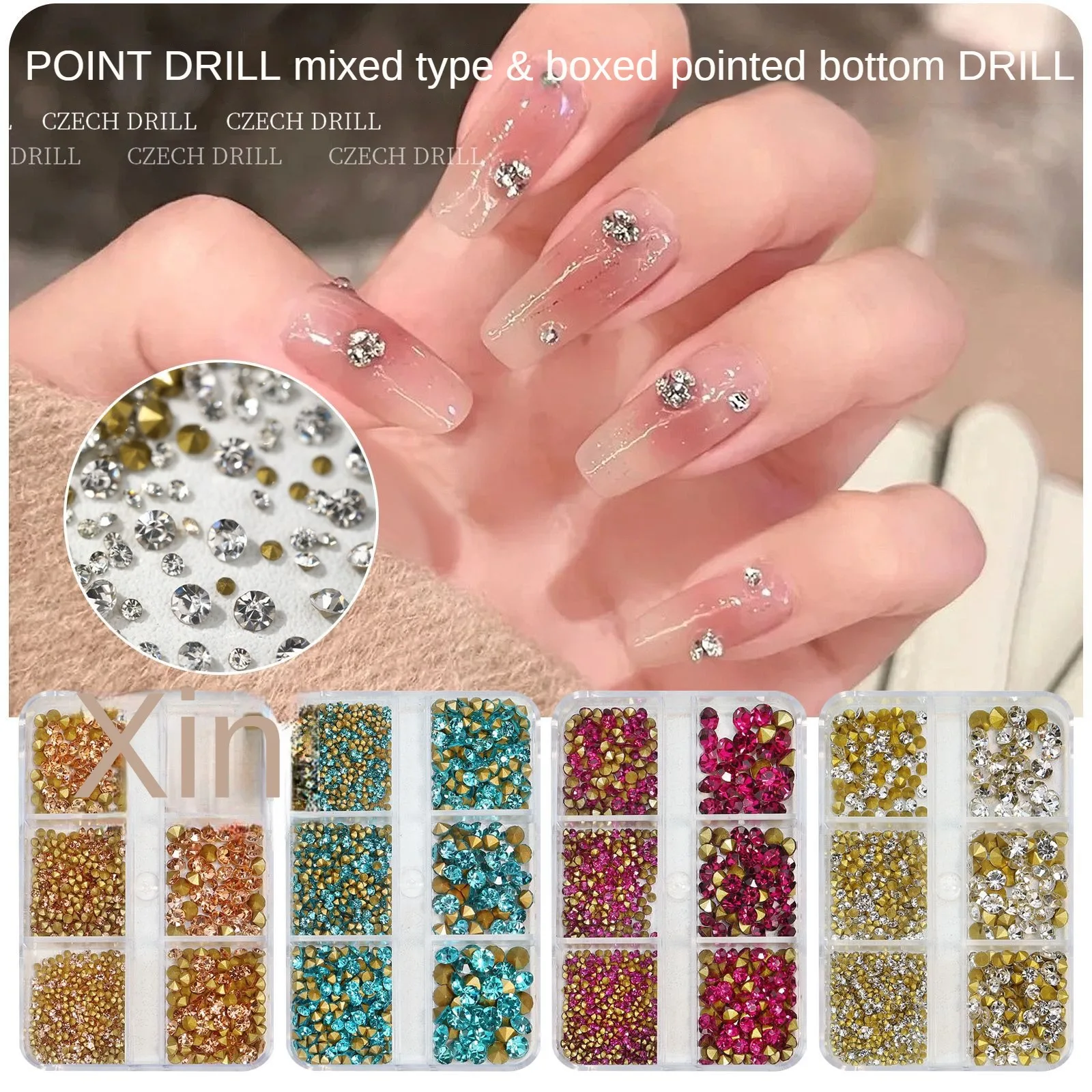 

High-Grade Nail Art: White Pink Pile Drill with Glitter Glass Rhinestone for Stunning Manicures