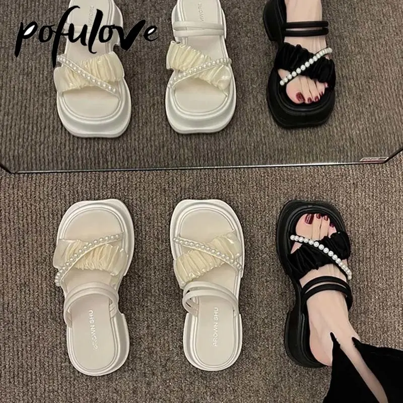 

Сандалии Pofulove сетчатые на толстой подошве, Универсальные однотонные повседневные и удобные шлепанцы с жемчугом, Прямая поставка, оптовая продажа