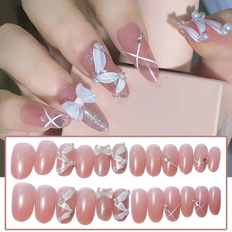 

24PCS Pearl Inlaid Fake Nails Sweet Style Long Paragraph Save Time False Nails White Bow Press on Nails Removable False Nails