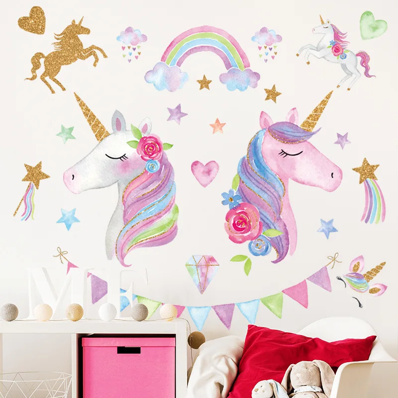 

Pink Unicorn Wall Stickers for Kids Room Girls Bedoom Decoration Large Wallpapers Removable Cartoon Murals Vinyl Poster Decals