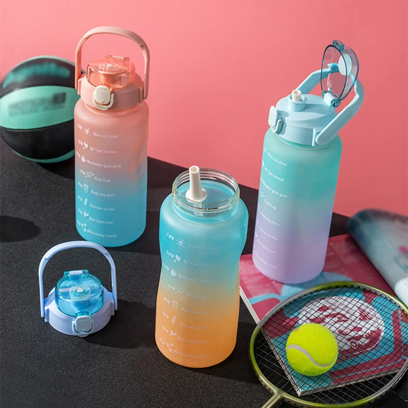 

2L Water Bottle Large-Capacity Gradient Drink Kettle Leak-Proof Outdoor Sports Water Cup with Straw Time Marker Drinking Bottles