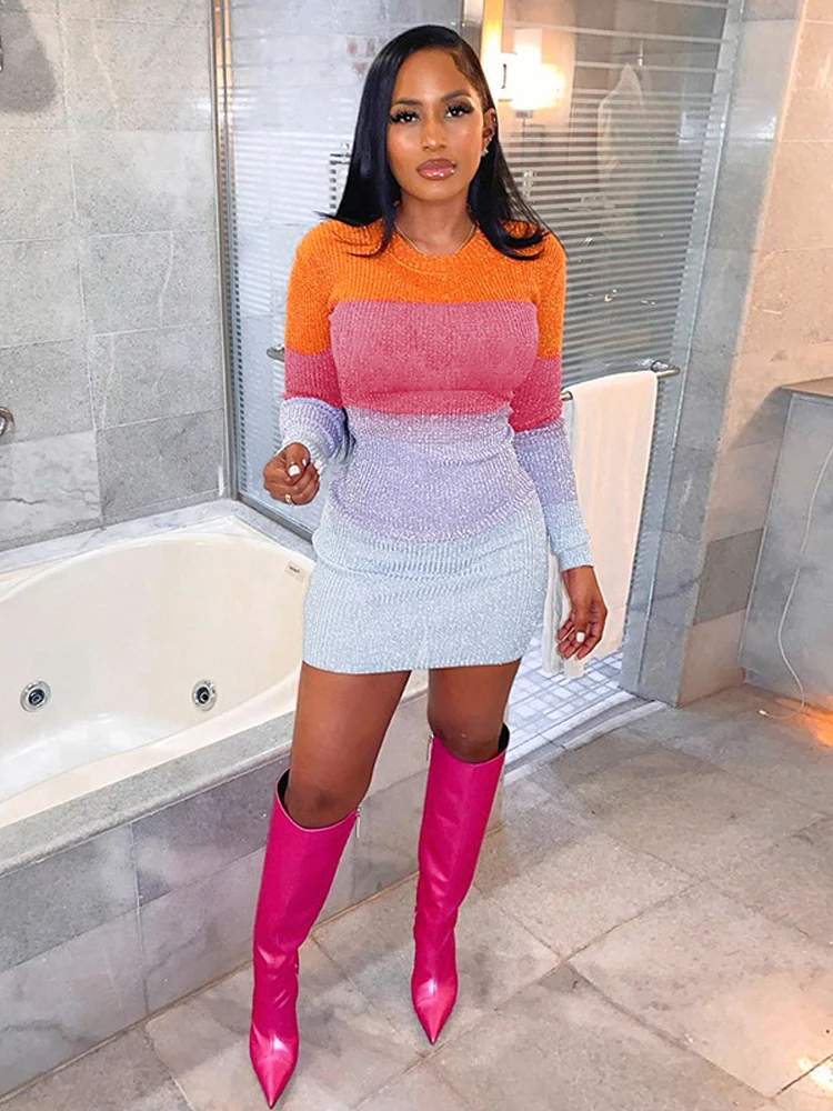 

Женское трикотажное мини-платье с открытой спиной, сексуальное облегающее платье с длинным рукавом и цветными блоками, одежда для вечерние,...