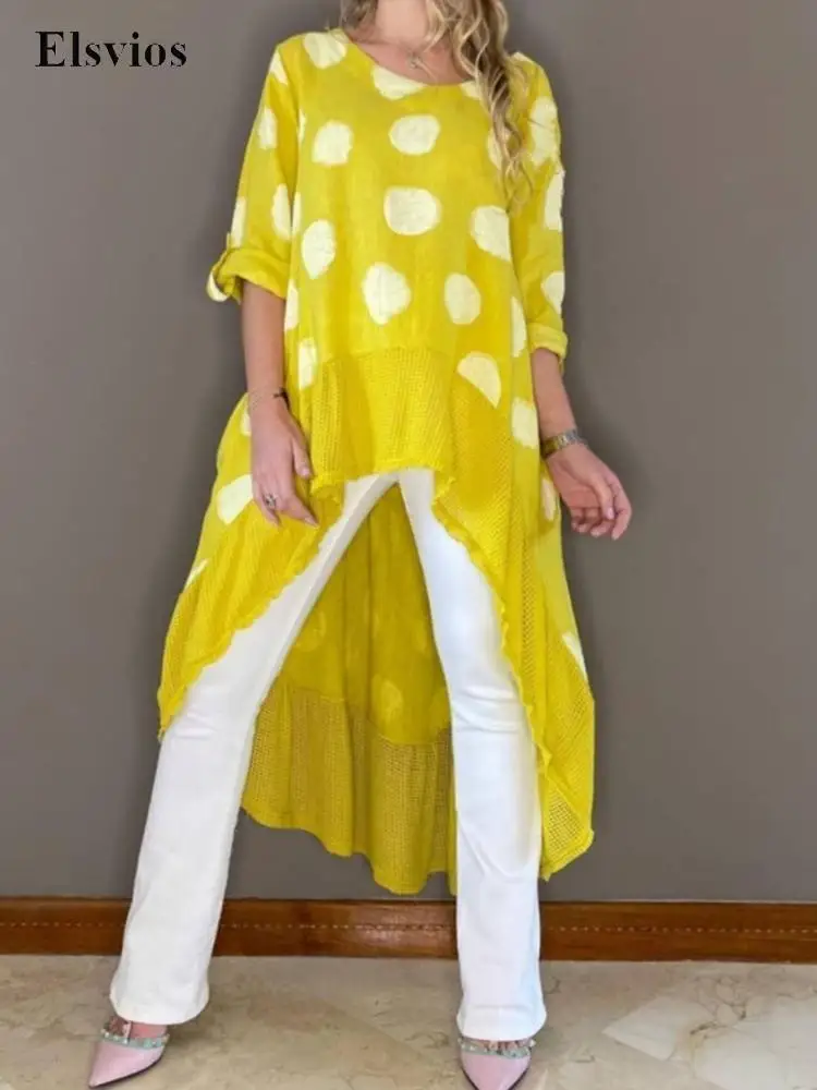 

Female Patchwork Floral Print Tops Pullover Fashion Loose Women Irregular Long Blouse Casual Adjusted Sleeve O Neck Shirt Blusas