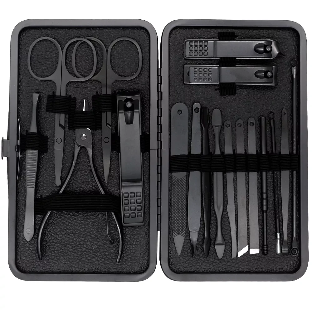 

NEW Set Nail Clippers Tools Household 18Pcs Black Stainless Steel Ear Spoon Nail Cutters Scissors Kit For Manicure Tools