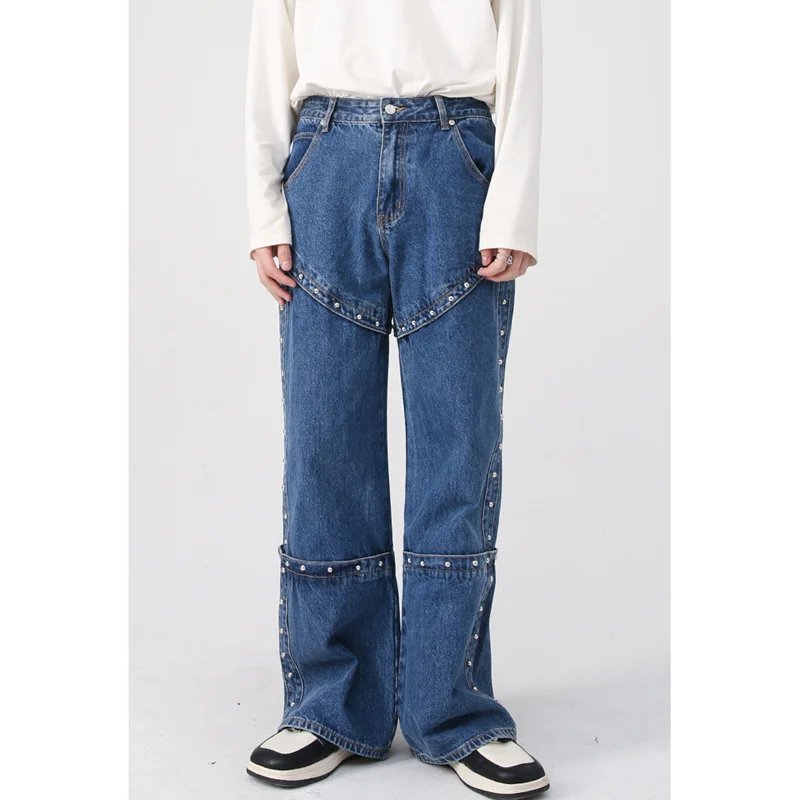 Streetwear Men 2022 Fashion New Pattern Vintage Recreational Blue Jeans Loose Straight Cylinder Broad Leg Trousers Autumn Fema