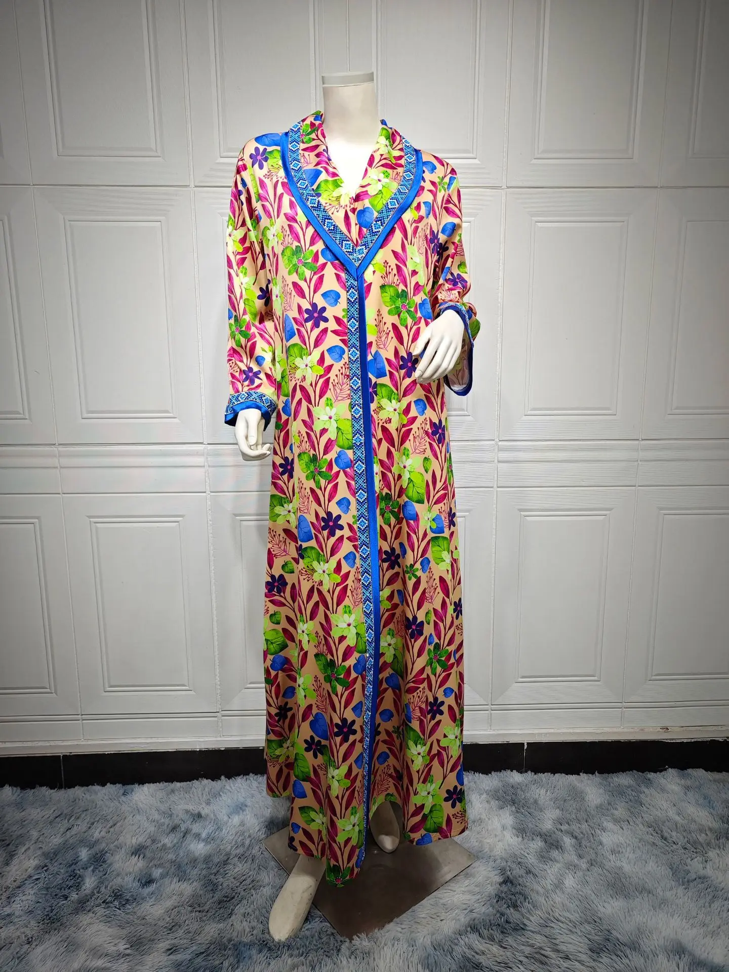 Уни Рамадан мусульманские женские платья с цветочным принтом и лентой отделкой