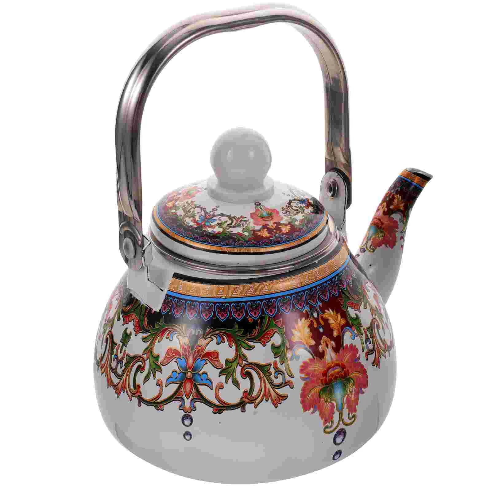 

Enamel Teapot Stove Kettle Retro Pattern Decorative Water Kettle Coffee Kettle Flat Bottom Kettle with Strainer