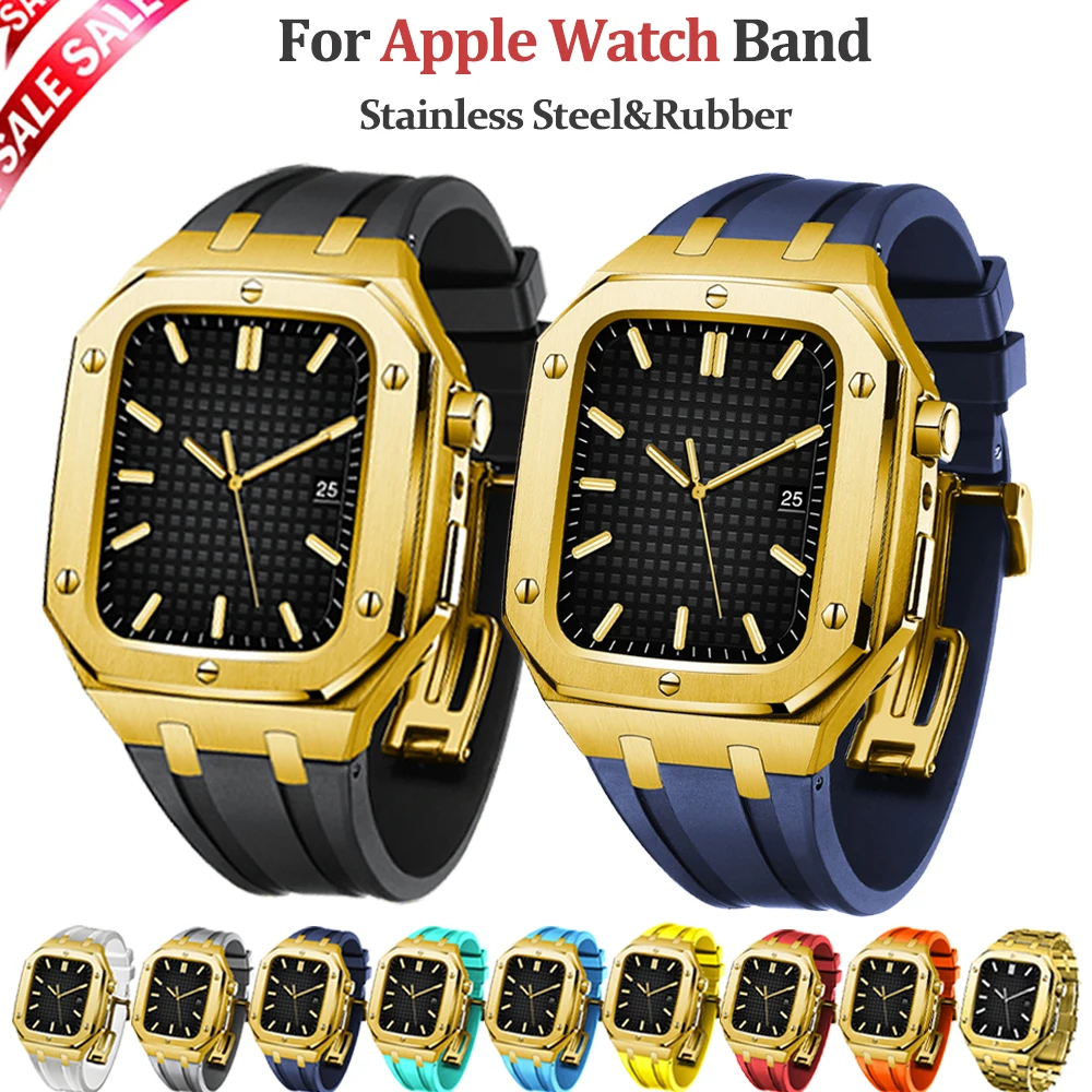 

Набор металлических чехлов из нержавеющей стали 44 мм для Apple Watch Se6, флюоровая резиновая оболочка для iWatch серии 543, мужской комплект для роско...