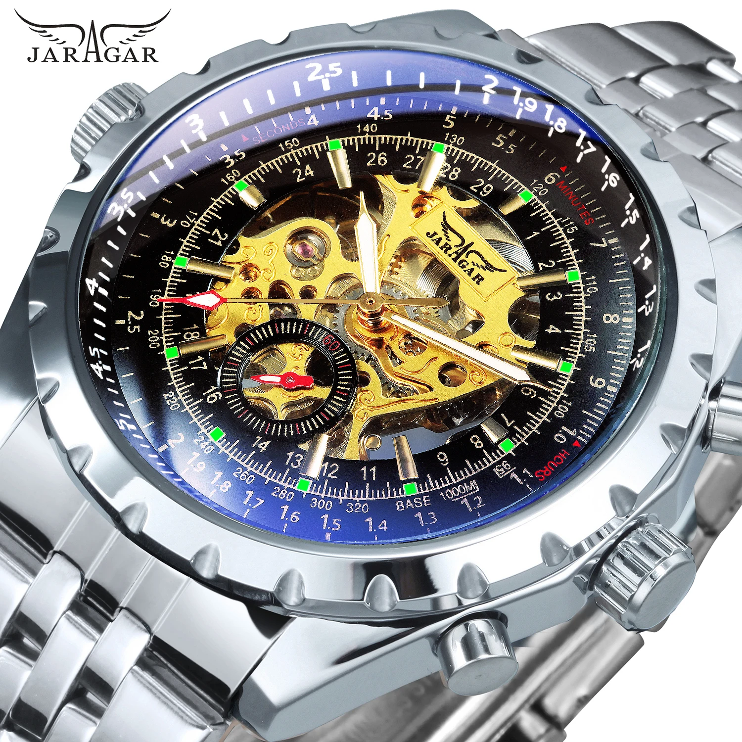 

JARAGAR Military Steampunk Skeleton Automatic Watch for Men Luminous Hands Sub-Dials Sports Mechanical Watches Stainless Steel