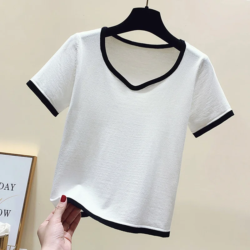 

Summer Cropped Sweater Women V Neck Short Sleeve Striped Black White Clothing Woman Korean Simple Slim Casual Tops Youth Style