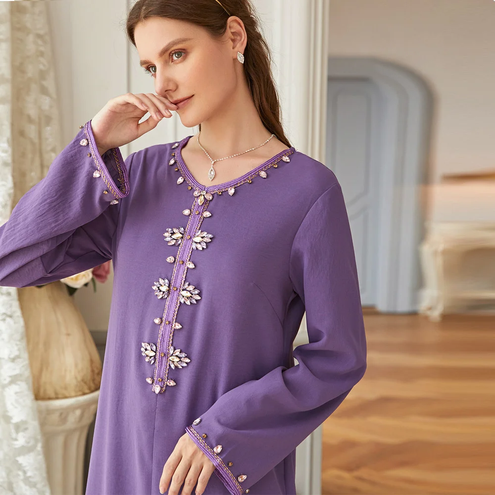 

Abaya For Women Purple Selvedge Hand Sewn Drill V-neck Dress Station Gown Abaya Loose Dubai Turkish Women Robe Ramadan Dress