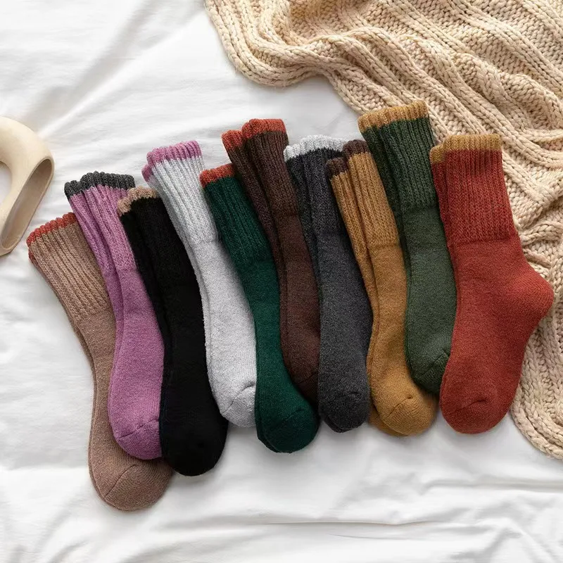 5 Pairs Winter Women Looped Socks Super Thick Keep Warm Wool Thermal Mid-tube Socks Snow Solid Color Floor Sokken Against Cold