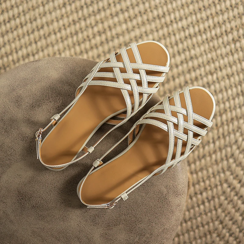 Gladiator Sandal Roman Style Summer Womens' Flats Cowhide Lady Sandals Female Retro Casual Flats Buckle Strap Vintage Flat Shoes