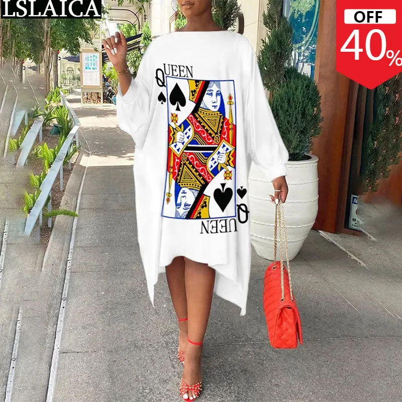 

New Arrival Dresses for Women 2021 Elegant Long Sleeve O Neck Poker Print Knitted Casual Women Dresses Loose Fashion Midi Dress