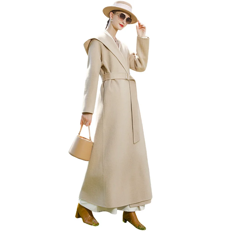 

Thick Women Winter Coat Cashmere Wool Long Jacket Hooded Hat Collar Outwear Adjustable Waist Pockets Coats and Jackets Women
