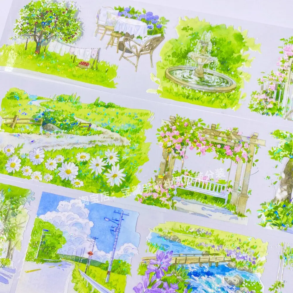 Фото Декоративная лента Washi Pet Tape Journal Breeze: Декоративные наклейки для скрапбукинга и коллажей с изображениями пейзажей, пикников и зеленых растений №5