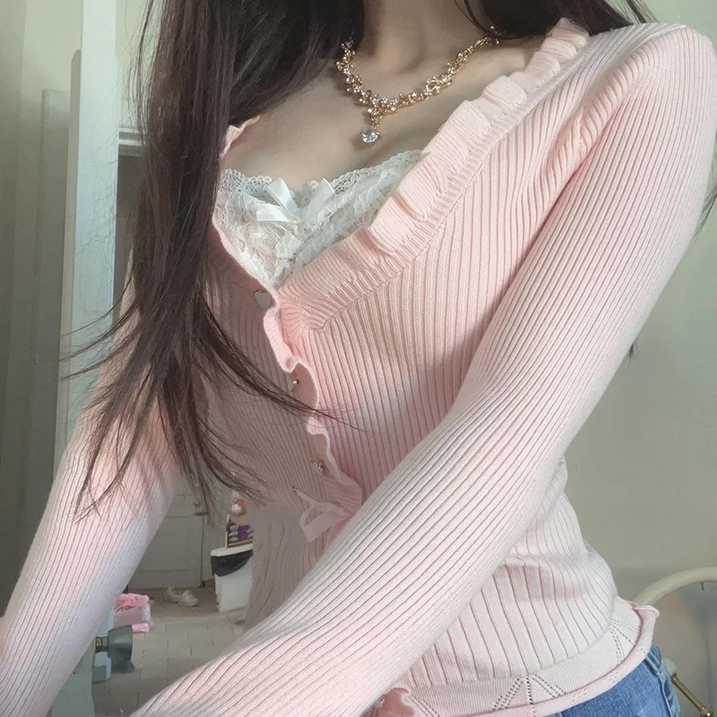 Розово-красный свитер Kooky CIBBAR с кружевными деталями пуловер v-образным вырезом