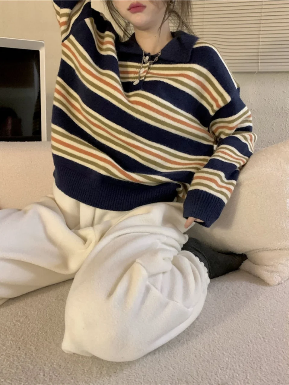 Свитер в полоску с воротником-поло стиле ретро женский осенне-зимний новый