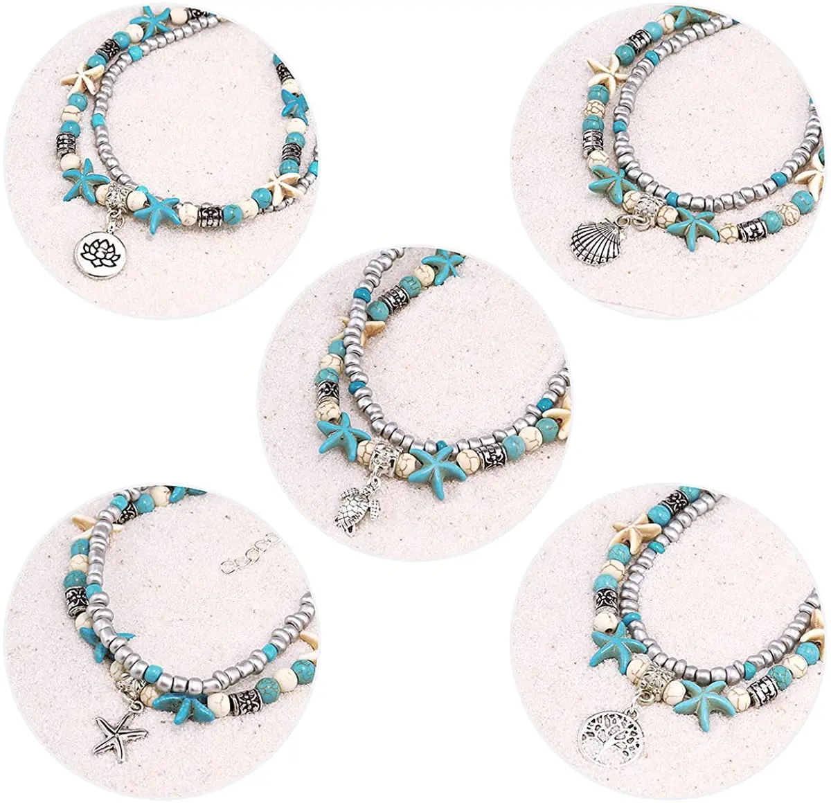 5 Pack Double Anklet Conch Starfish Rice Bead Yoga Beach Turtle Pendant  Bracelet European and American Explosion Jewelry