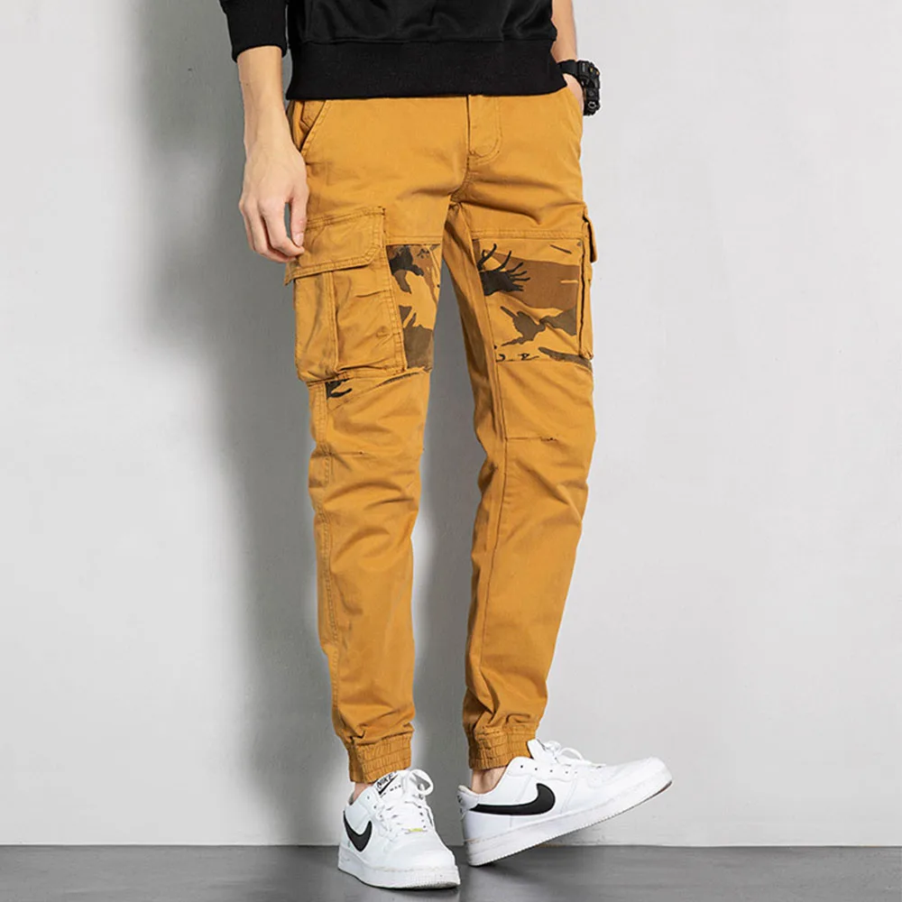 Men's Camouflage Color Insert Large Size Cargo Pants Fashion Casual Stretch Knee Ninth Pants Multi-pocket Cargo Pants Sweatpants