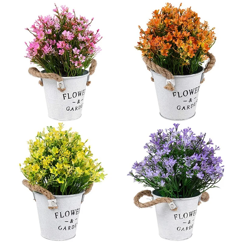 

4 Pieces Of Artificial Bonsai Flower With Tin Flower Bucket, Suitable For Retro Wedding Party Table Center Decoration