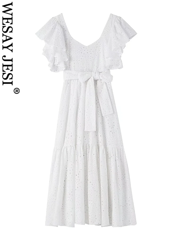 

WESAY JESI Fashion Hollow Lace Flying Sleeves Women's One Piece Dress Pure White Elegant Cotton Skin-Friendly Comfortable Dress