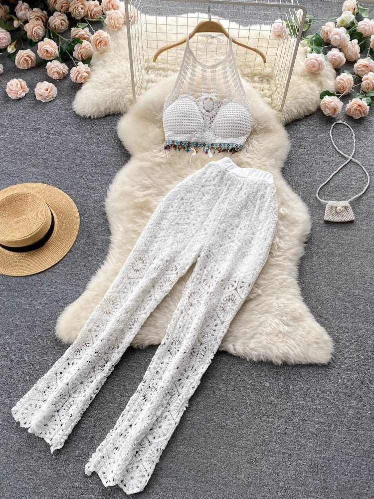 

Женские летние сексуальные трикотажные комплекты из двух предметов, короткий топ на бретелях, пляжные брючные костюмы в стиле бохо с открытой спиной и вырезами