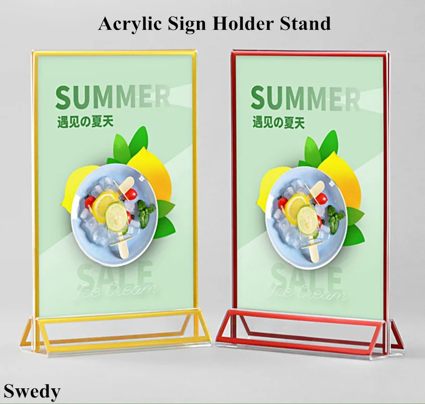 A4 Acrylic Wedding Table Number Sign Holder Stand Gold Borders Poster Picture Photo Frames Restaurant Menu Recipe Card Holder