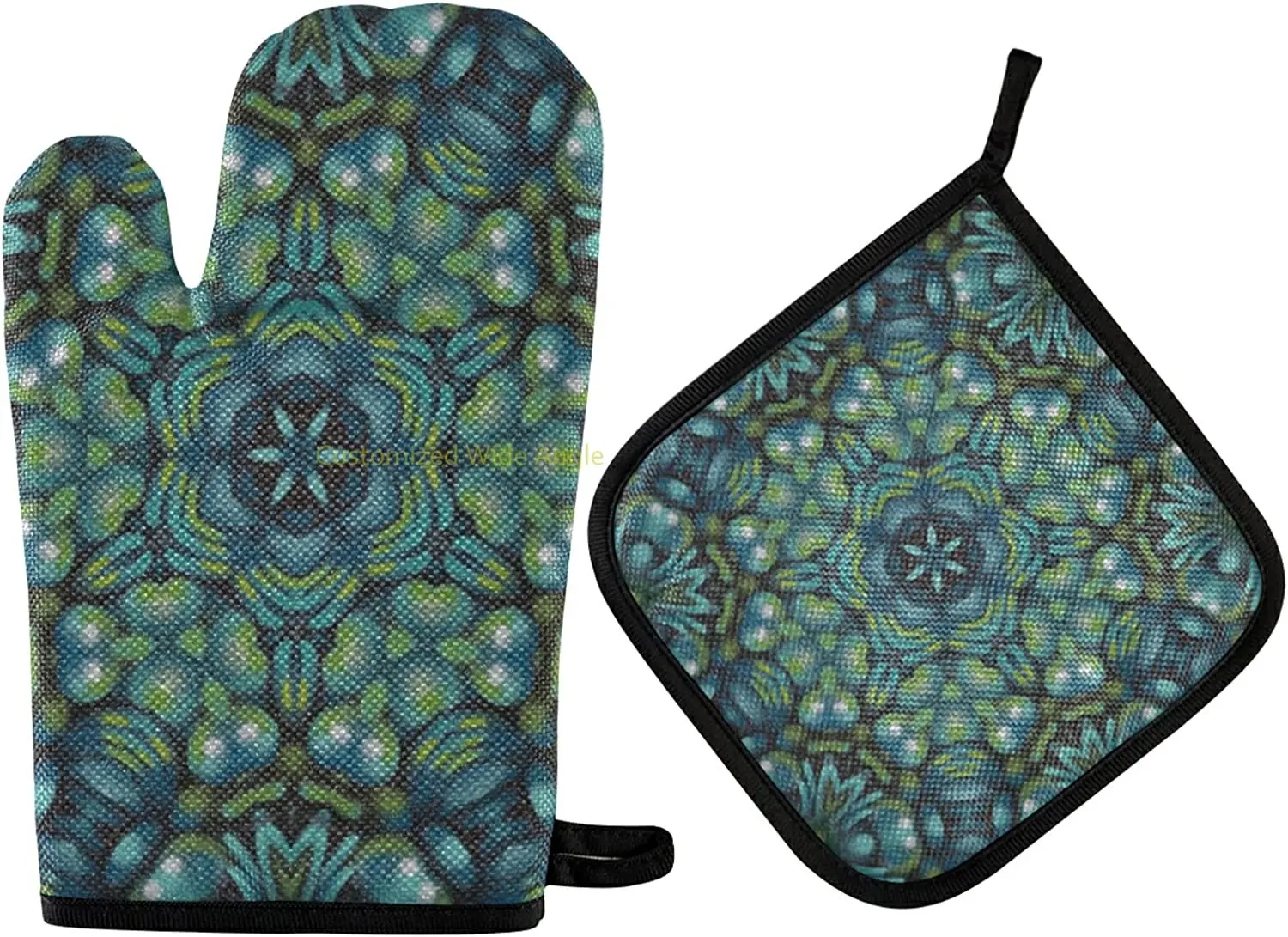 

Teal and Green Mandala Oven Mitts and Pot Holders Insulated Gloves & Kitchen Counter Safe Mats for Cooking BBQ Baking Grilling