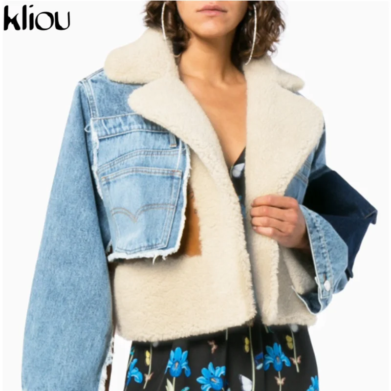 

Kliou Patchwork Denim Jacket Women Autumn Winter Lamb Wool Cold Protection Casual Practical Coat Hipster Tops Softy Clothing