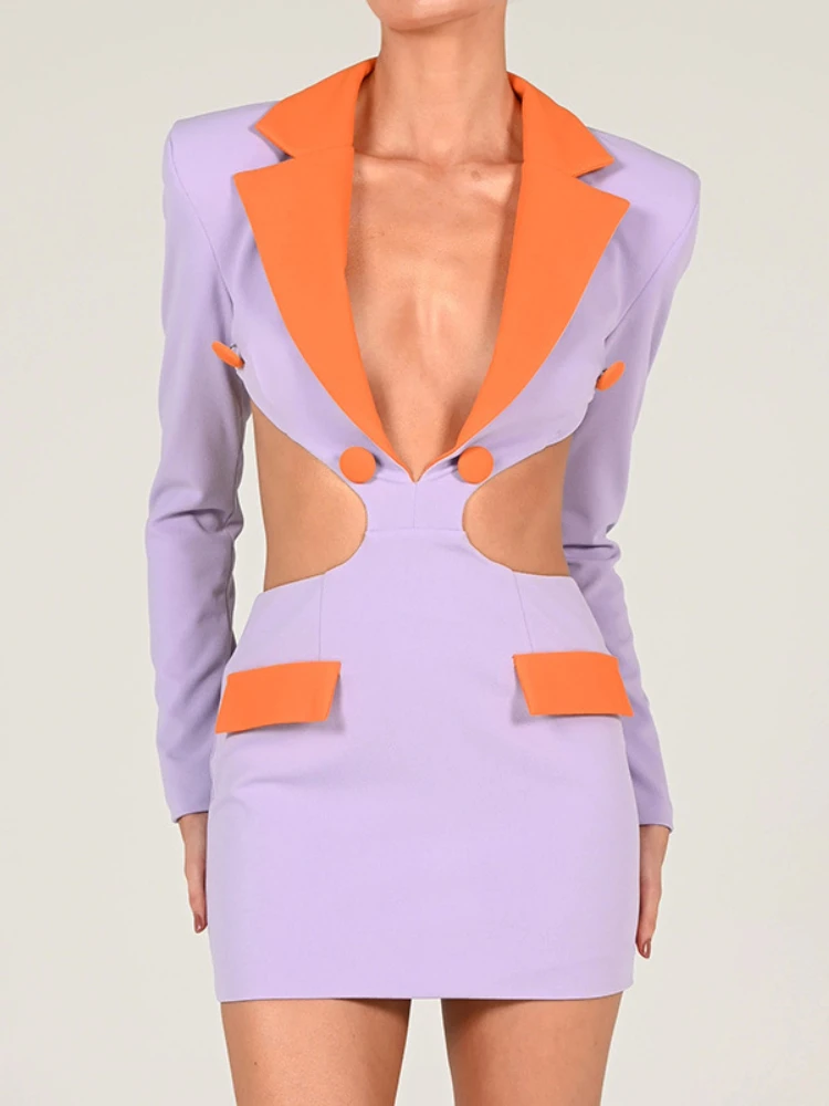 

Элегантное мини-платье с открытой спиной для женщин, Осенние сексуальные облегающие платья с длинным рукавом и вырезом для клуба, модное облегающее платье с отложным воротником