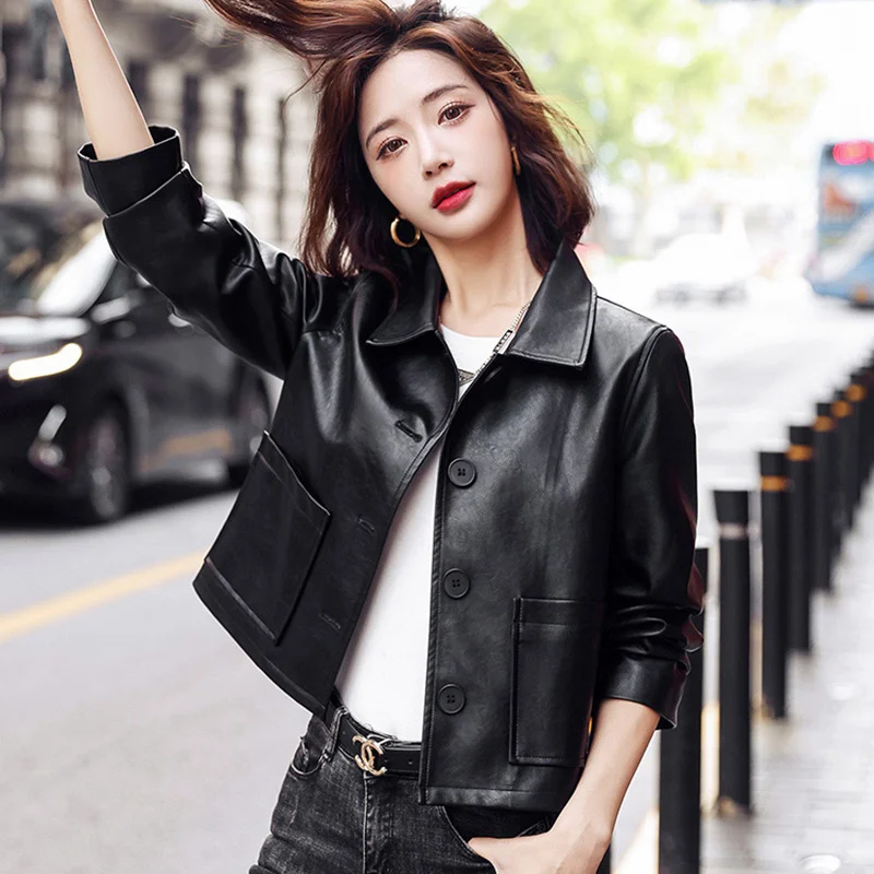 Women Short Leather New Jacket Spring Autumn Fashion Shirt Collar Single Breasted Slim Short Leather Coat Sheepskin Biker Jacket