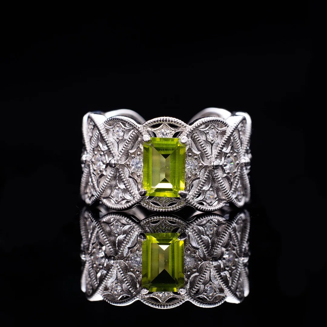 

Renaissance Wide Filigree 18K Gold Over Solid 925 Silver Natural Peridot Topaz Silky Paved CZ Statement Floral Ring C11B2S26219