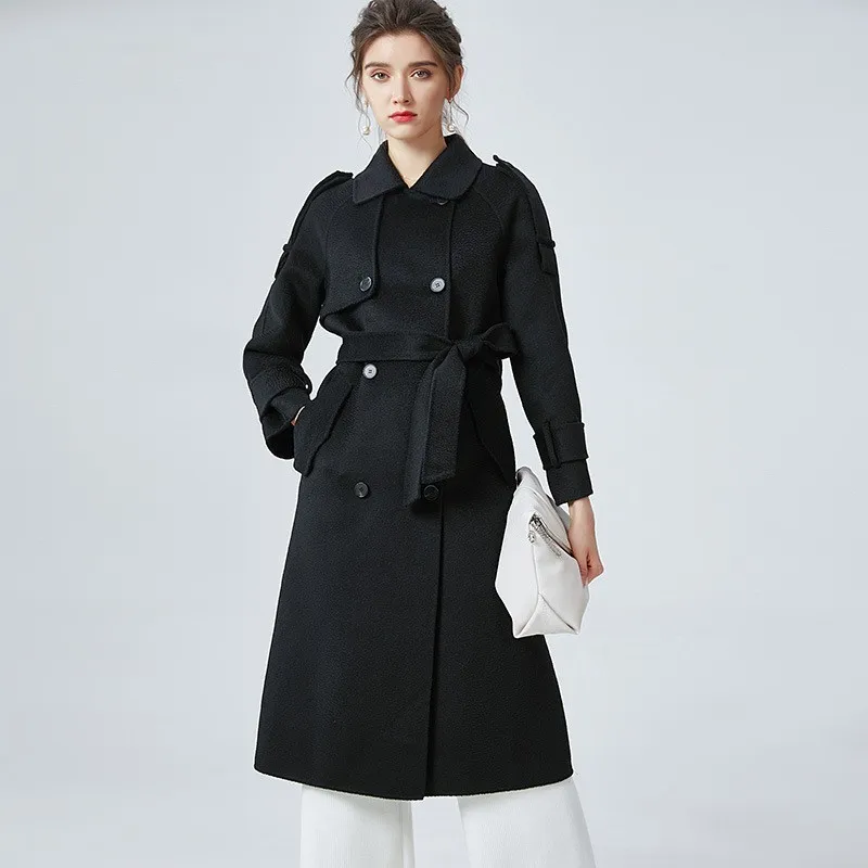 

Double Faced Cashmere Coat Women's New Loose Hand Stitched Double Breasted Wool Tweed Long Thickened Jacket Pink with Belt
