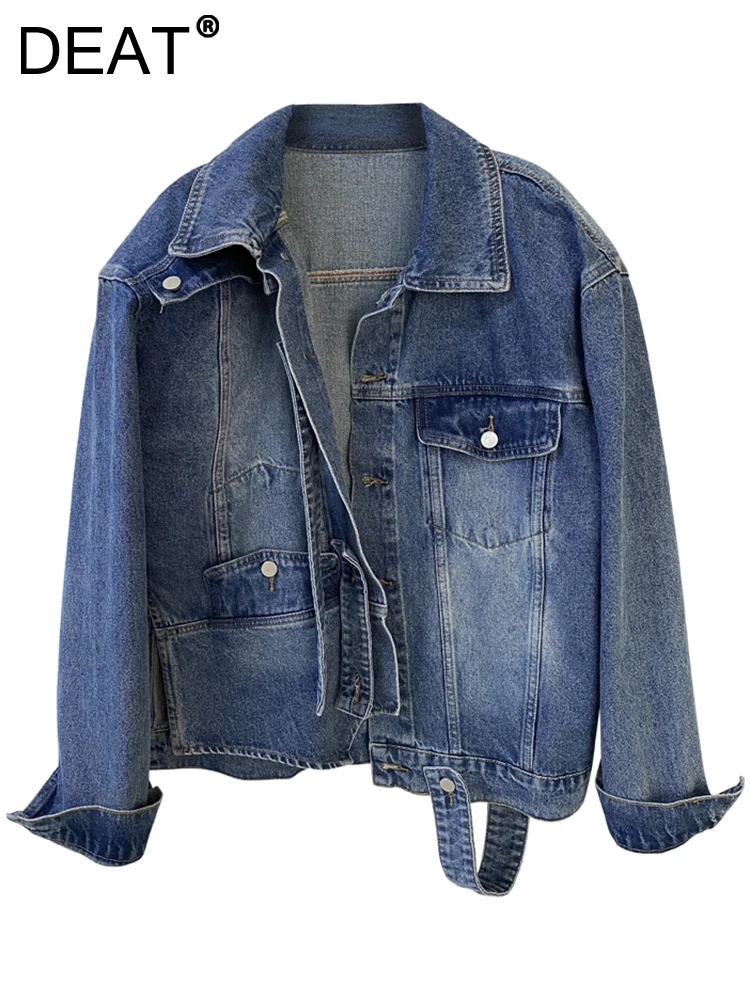 

DEAT Fashion Women's Denim Jackets Loose Lapel Single Breasted Long Sleeve Pockets Streamer Coat Autumn 2023 New Tide 17A4760