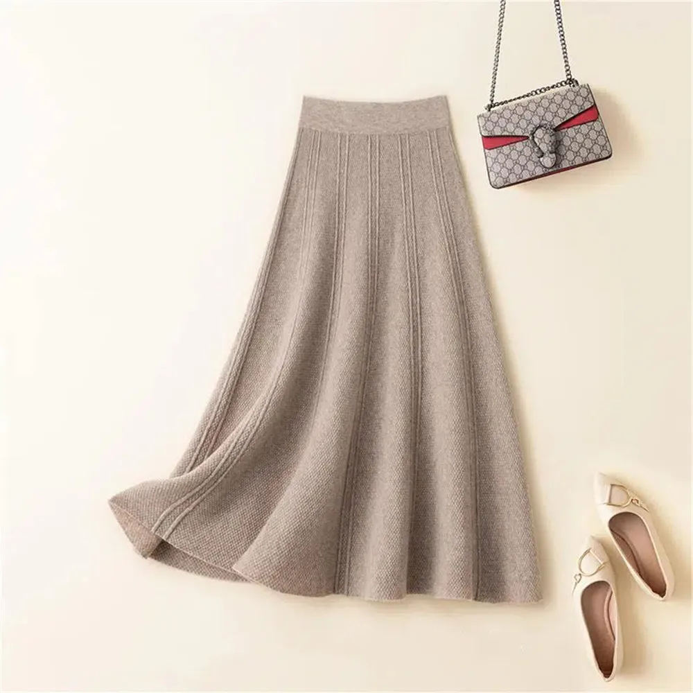 

Vintage Brown Knitted Long Skirt 2021 Autumn Winter Women Casual Solid A Line Skirt Korean Female Black High Waist Midi Skirt