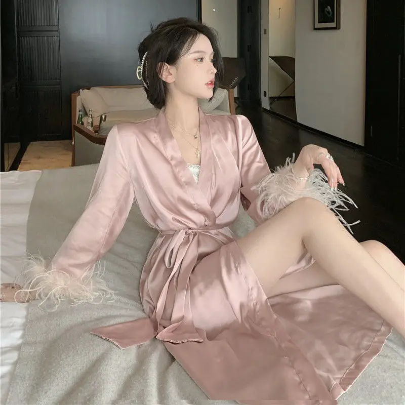 QWEEK Sexy Pajamas with Feathers Sleepwear Bathrobe Female Women's Long Robe Summer Nightgowns Pink Designer Clothes Luxury