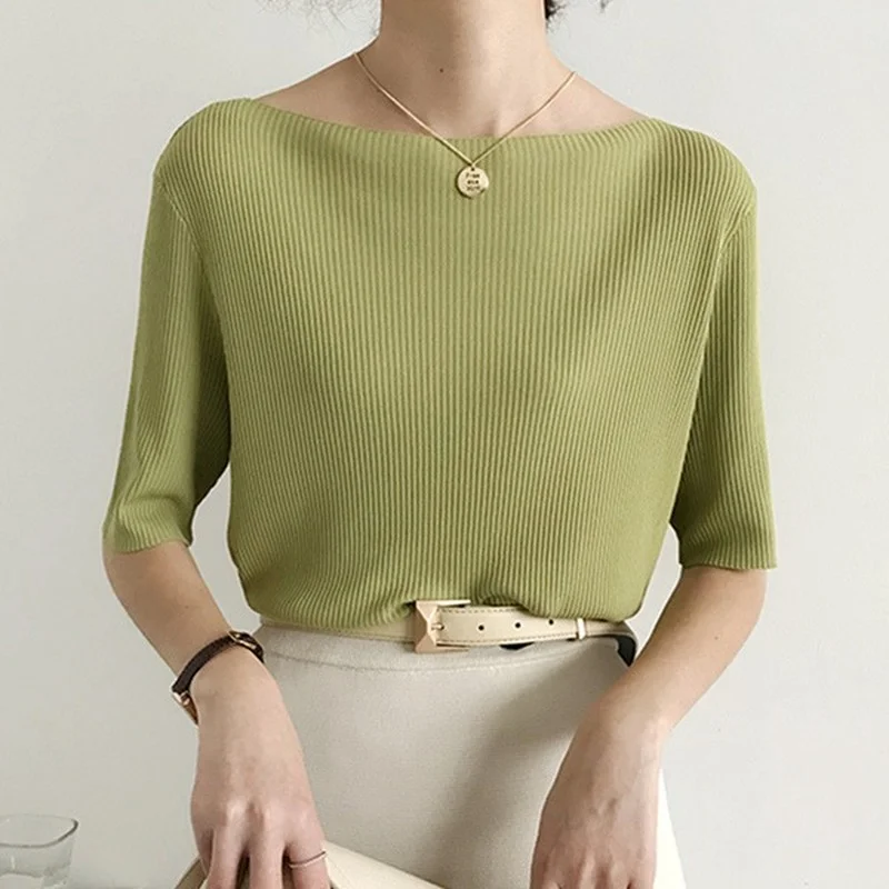 

New 2021 Women Summer Female Solid MultiColor Bottoming Casual Slash Neck Knitting Elasticity Wild Tops Ice Silk T-Shirt Elegant