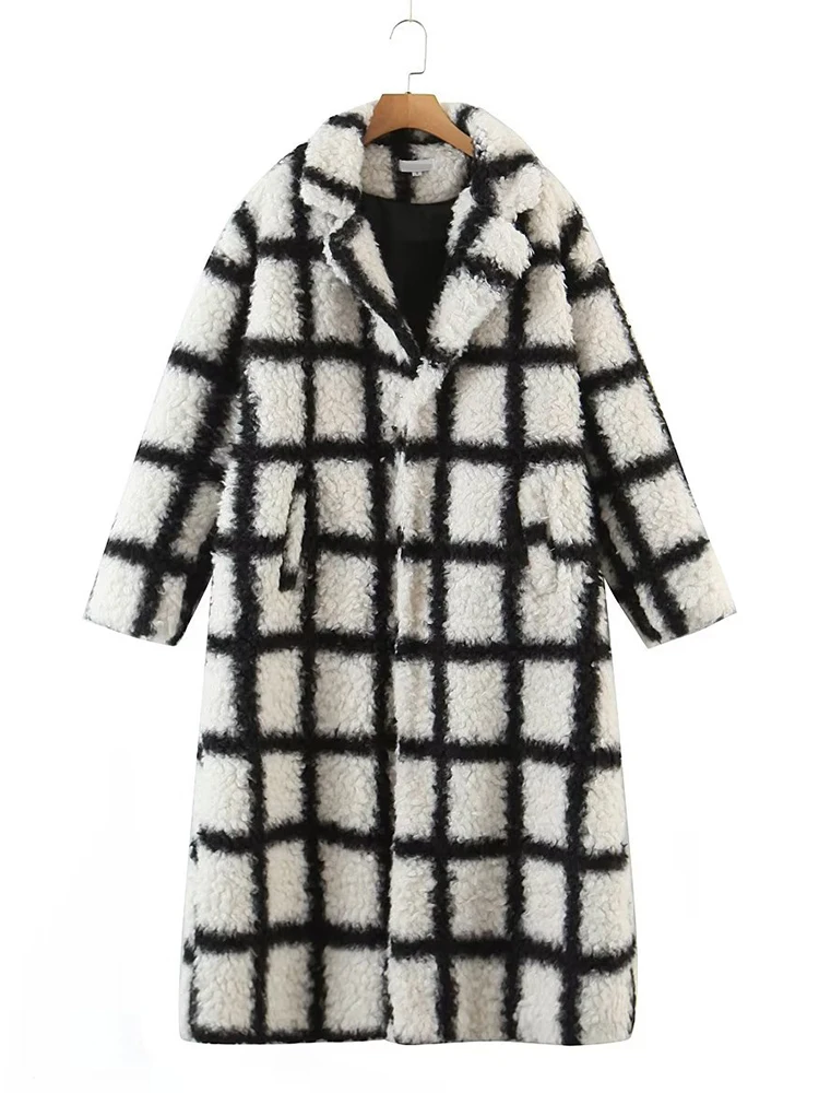 

YENKYE 2022 Fashion Women Big Plaid Lamb Wool Coat Vintage Oversize Lapel Long Overcoat Female Warm Winter Outerwear