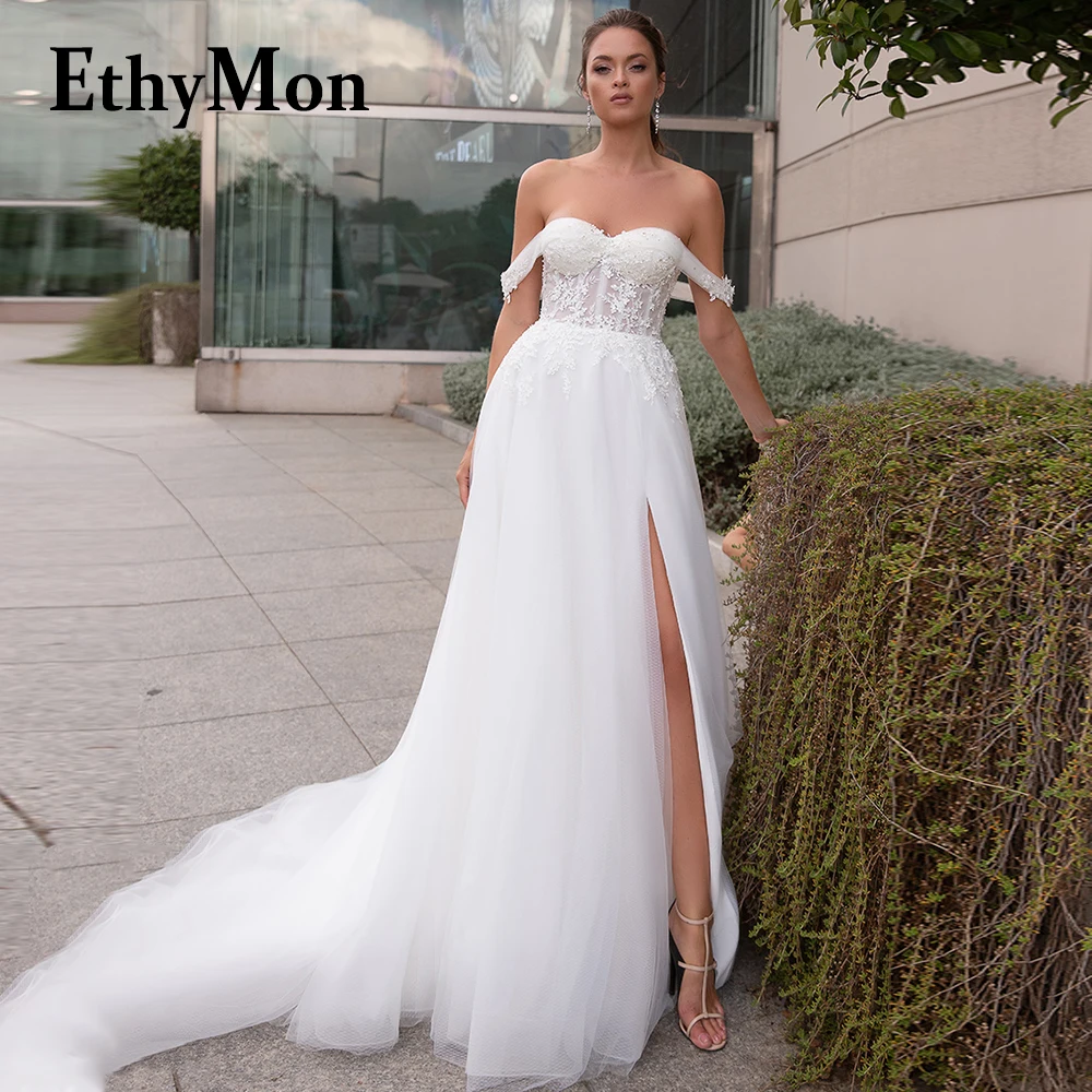 

Ethymon Charming Side Slit Sweetheart Lace Up Wedding Dresses Off The Shoulder Floral Print Custom Made Vestidos De Novia Pleat