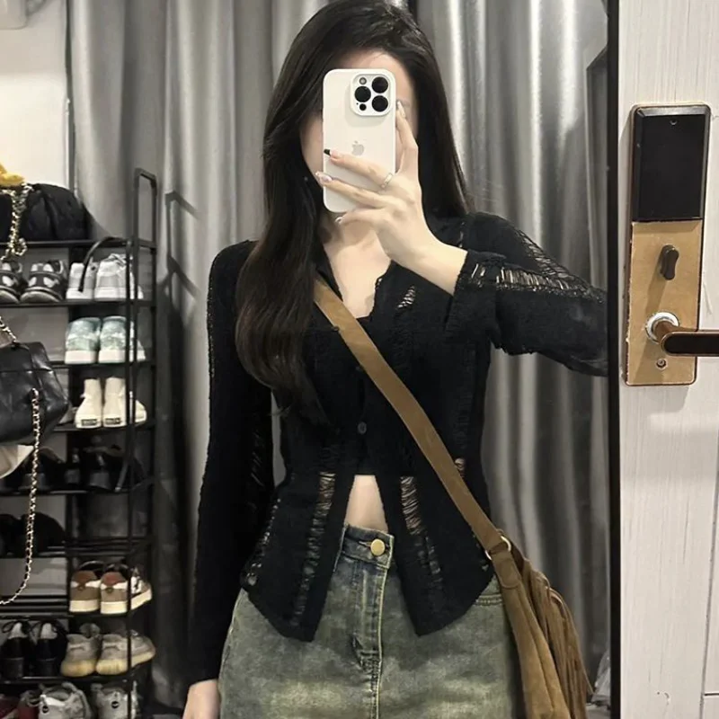 

Deeptown Grunge Y2k Women's Cropped Ripped Sweater Vintage Hollow Out Knitted Cardigan Harajuku Gothic Knitwear Streetwear Sexy