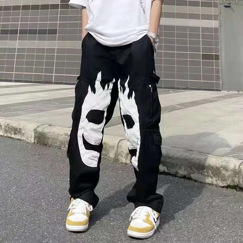 Men and Women Hip Hop Oversize Elastic Waist Overalls Loose Streetwear Trousers Skull Embroidery Pockets Cargo Pants Harajuku