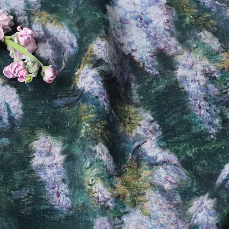 

Monet High Quality Natural Pure Ramie Linens Cloth Digital Printing Fabric Summer Thin Chinese Style Robe Dress Tissu Sewing DIY