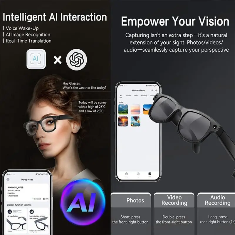 Фото Умные очки AA08-Chat GPT с функцией перевода, фотохромными линзами, Bluetooth, голосовым помощником, музыкальным плеером и камерой. №3