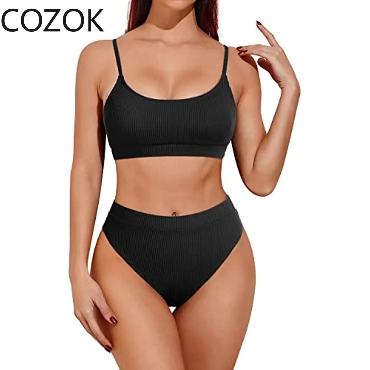 

Two Piece High Waisted Bikini Sporty Scoop Neck Swimsuits for Women High Cut Bathing Suit with Bottom Swimwear Women Swimsuit