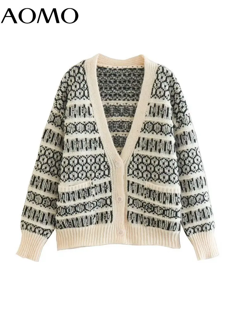 

AOMO Women Flower Loose Cardigan Buttons Long Sleeve Vintage Jumper 2022 Female Knitted Cardigan 6X17A
