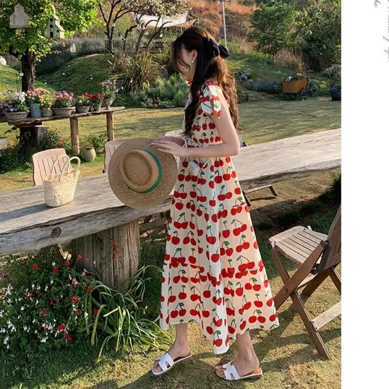 

Summer French Cherry Sweet Print Suspender Long Dress Streetwear Slash Neck A-line Robes Ladies Dresses