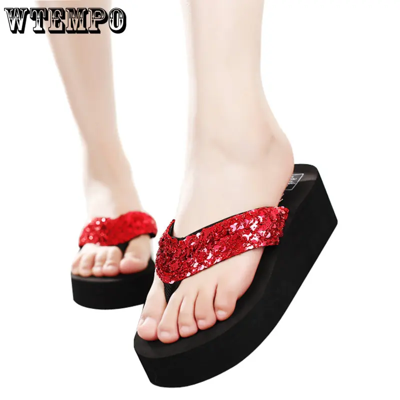 WTEMPO Women Summer Sandals Sequins Beach Female Flip Flops Girls High Heel Shoes for Platform Wedge Slippers Dropshipping