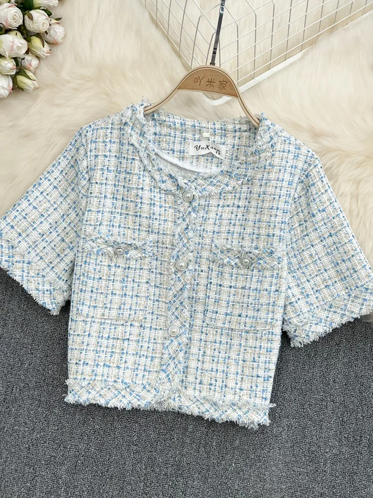

High Quality French Vintage Small Fragrance Tweed Jacket Coat Women Summer Korean Casual Streetwear Short Coat Plaid Outwear