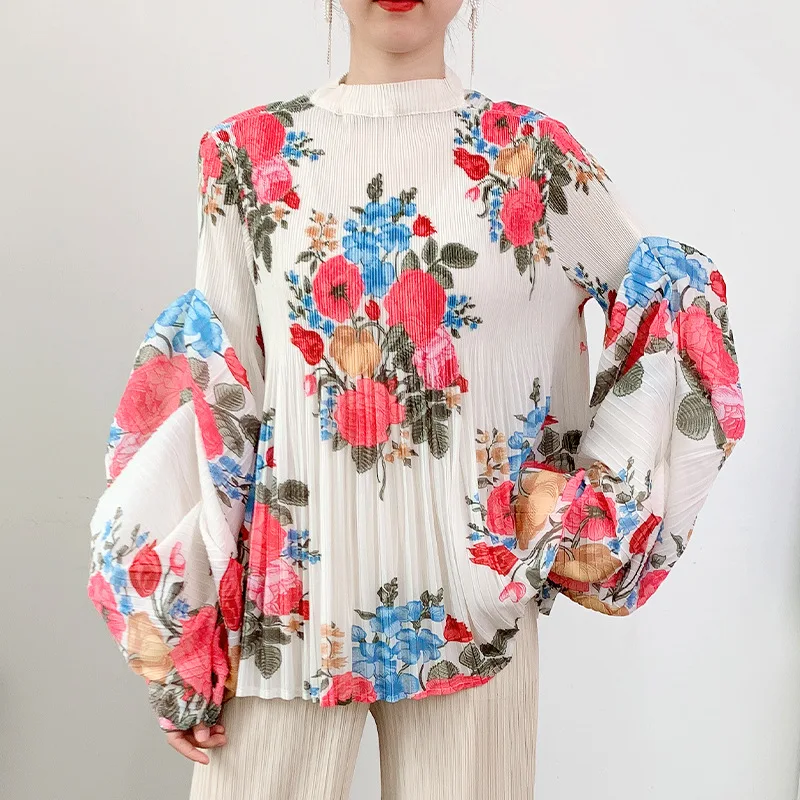 

SuperAen Printed Puff Sleeve Top Women's Spring Summer 2023 Pleated Top O Neck Fashion Casual Women T-shirt